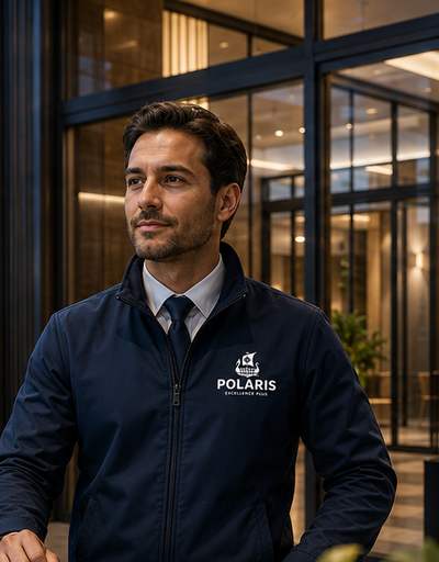 Conserje de Polaris en la recepción de una comunidad